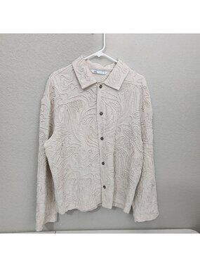 Zara Textured Beige Embroidered Button-Up Shirt Large Cotton Linen Blend